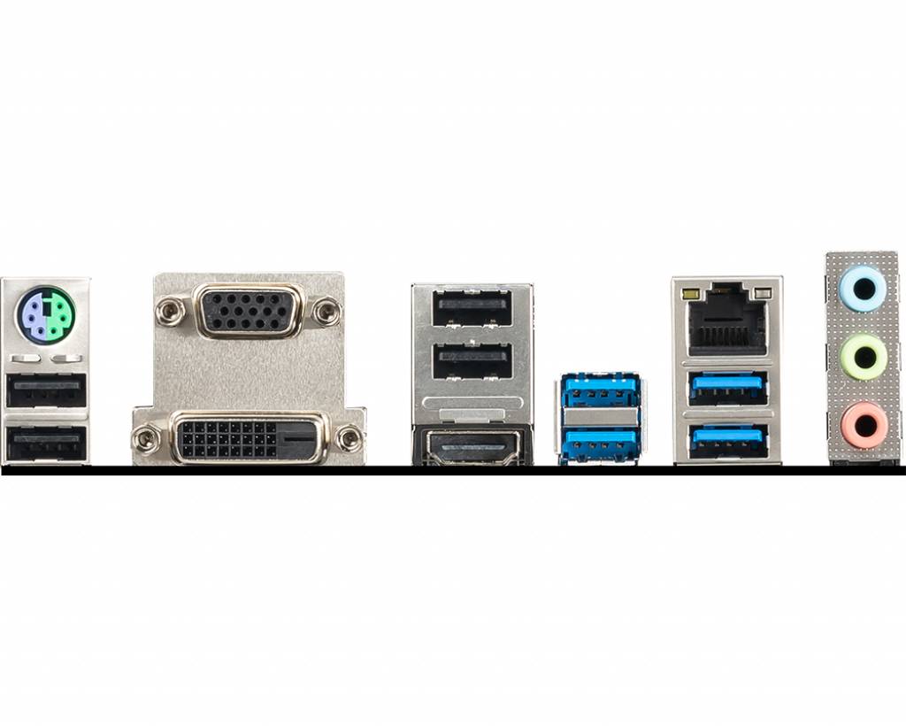 Aansluitingen op een computermoederbord, waaronder VGA, USB, Ethernet en Audio.