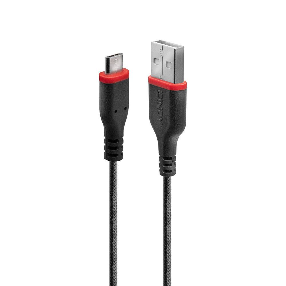 USB-C naar USB-A-kabel met zwart en rood design, geschikt voor opladen en gegevensoverdracht.