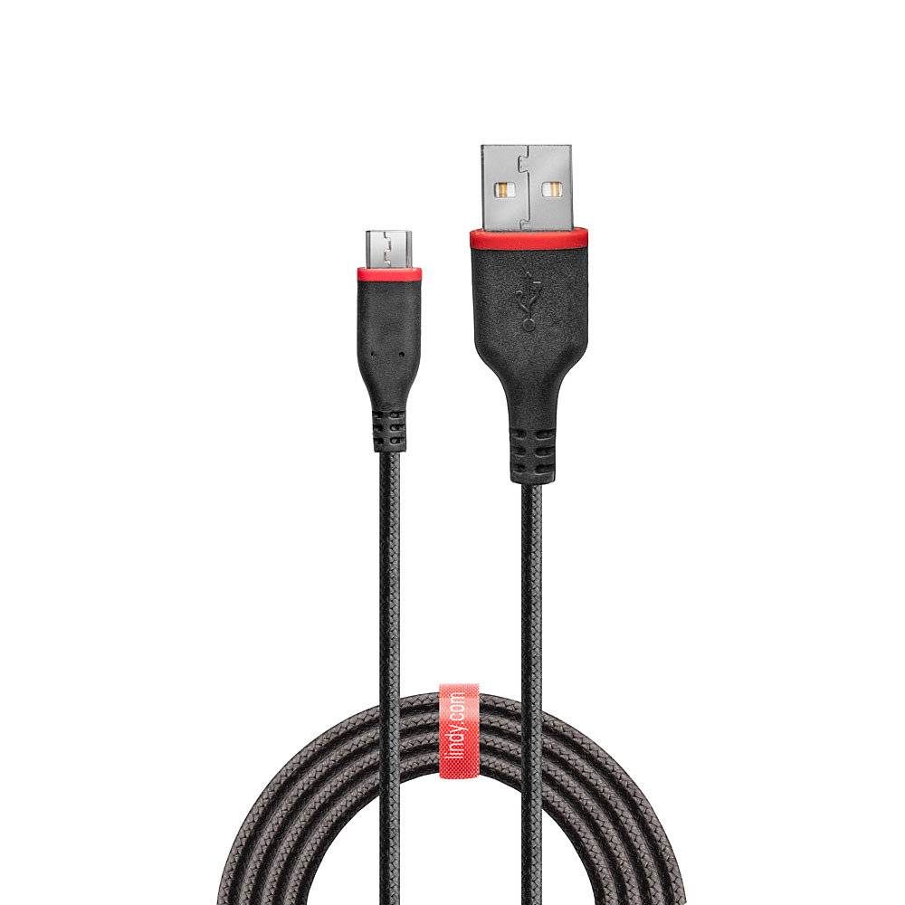 Zwart USB-kabel met rode accent; aan de ene kant een USB-A-stekker, aan de andere kant een Micro-USB-stekker, opgerold.