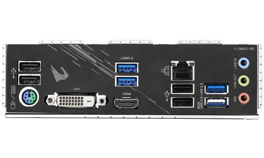 Achterkant van een computer-moederbord met verschillende aansluitingen: USB-poorten, Ethernet, HDMI, DVI, Audio en toetsenbord/muis-aansluiting.