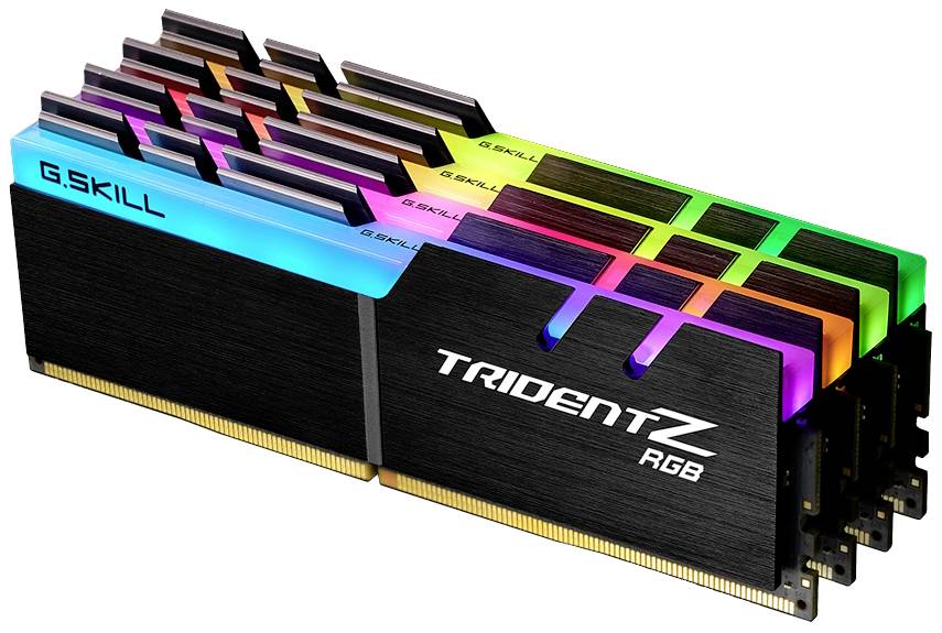 'Set G.Skill Trident Z RGB RAM-sticks met verlichte RGB-elementen en zwarte koelbehuizing, zijdelings zichtbaar.'