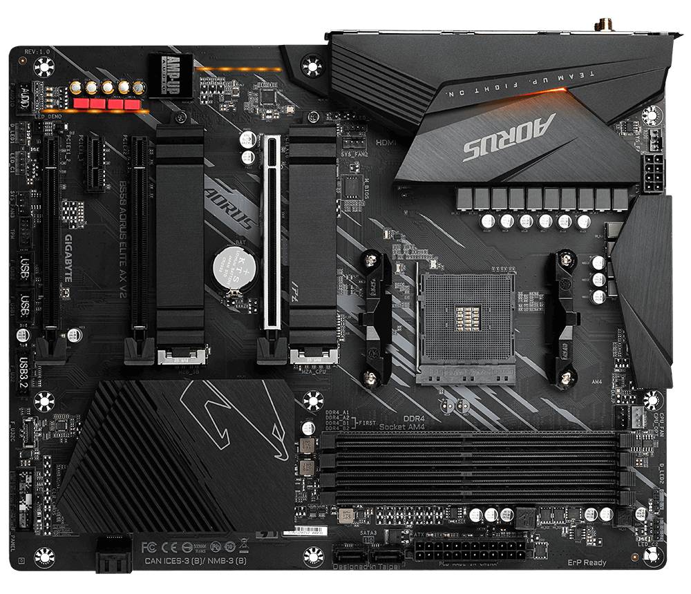 Een zwart Gigabyte-computermotherboard met meerdere uitbreidingssleuven en de tekst 'AORUS'.