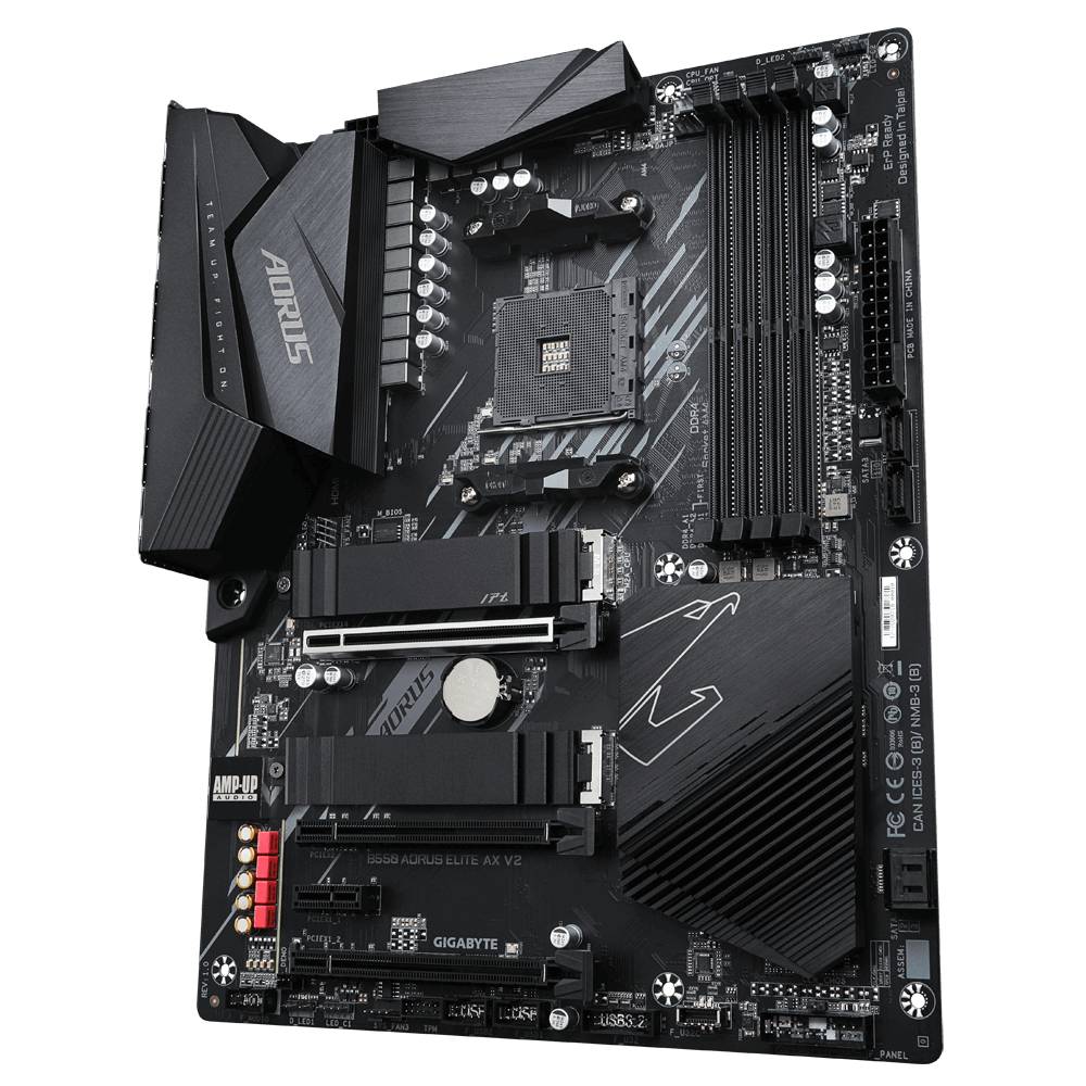 Zwart moederbord met meerdere uitbreidingssleuven en aansluitingen, geschikt voor PC-builds, gemarkeerd met logo en modelinformatie.