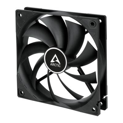 Zwarte computerventilator met negen vleugels en vierkant frame. Merklogo 'ARCTIC' in het midden. Ontworpen voor koeling van computerhardware.
