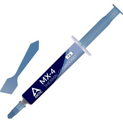 Een spuit gelabeld 'MX-4 Thermal Compound' van ARCTIC, met een klein applicatiegereedschap ernaast.