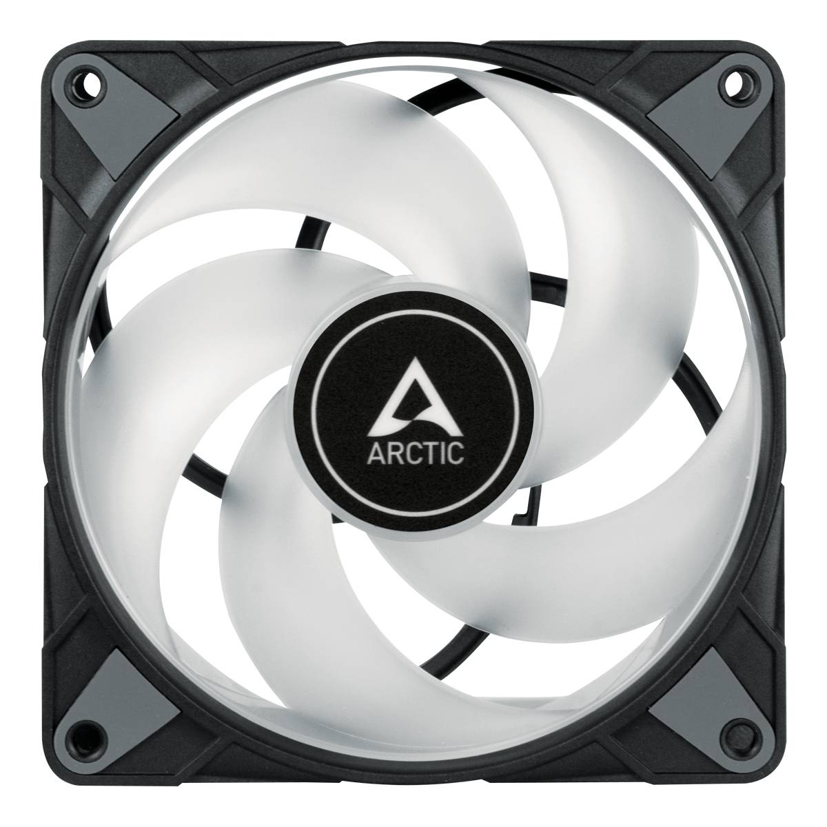 Een computerbehuizingsventilator van Arctic met vijf vleugelvormige schoepen en een centraal logo in een vierkant frame.