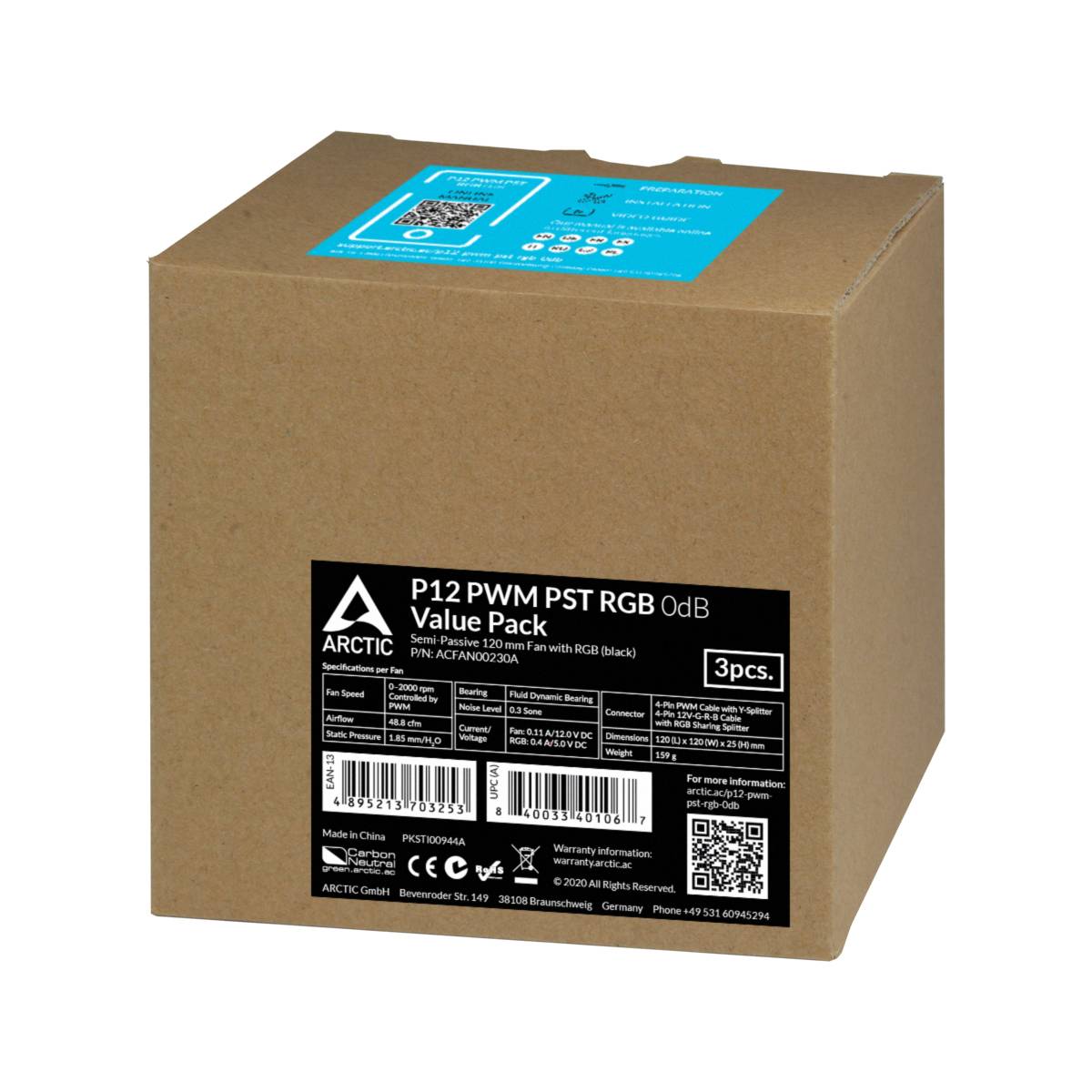 Bruine verpakking met blauw etiket van Arctic. Opschrift: 'P12 PWM PST RGB Value Pack, 3 stuks'. Bevat informatie en barcodes.