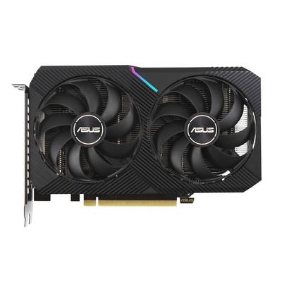 Een ASUS-grafische kaart, model met twee grote ventilatoren voor koeling, zwart ontwerp met subtiele RGB-details bovenaan.