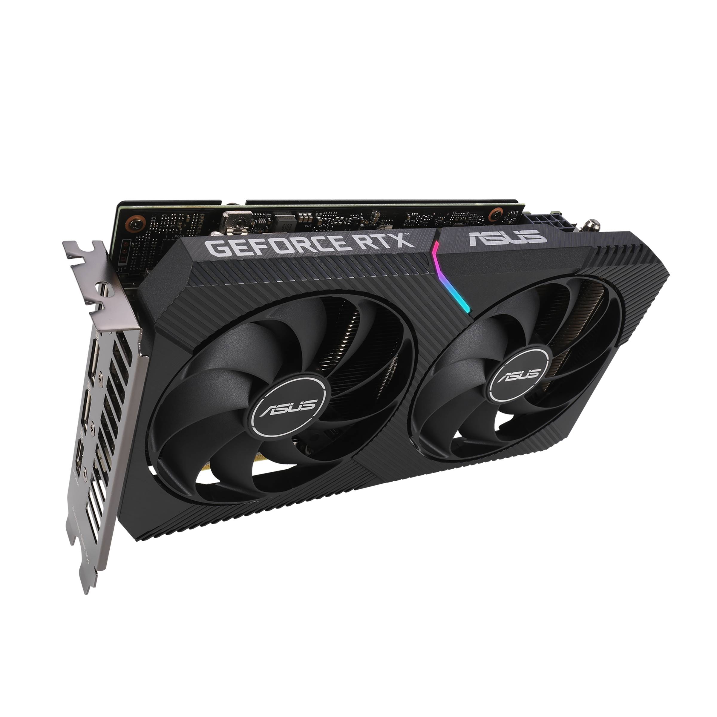 Videokaart met twee ventilatoren, gemarkeerd met 'GEFORCE RTX' en Asus-logo.