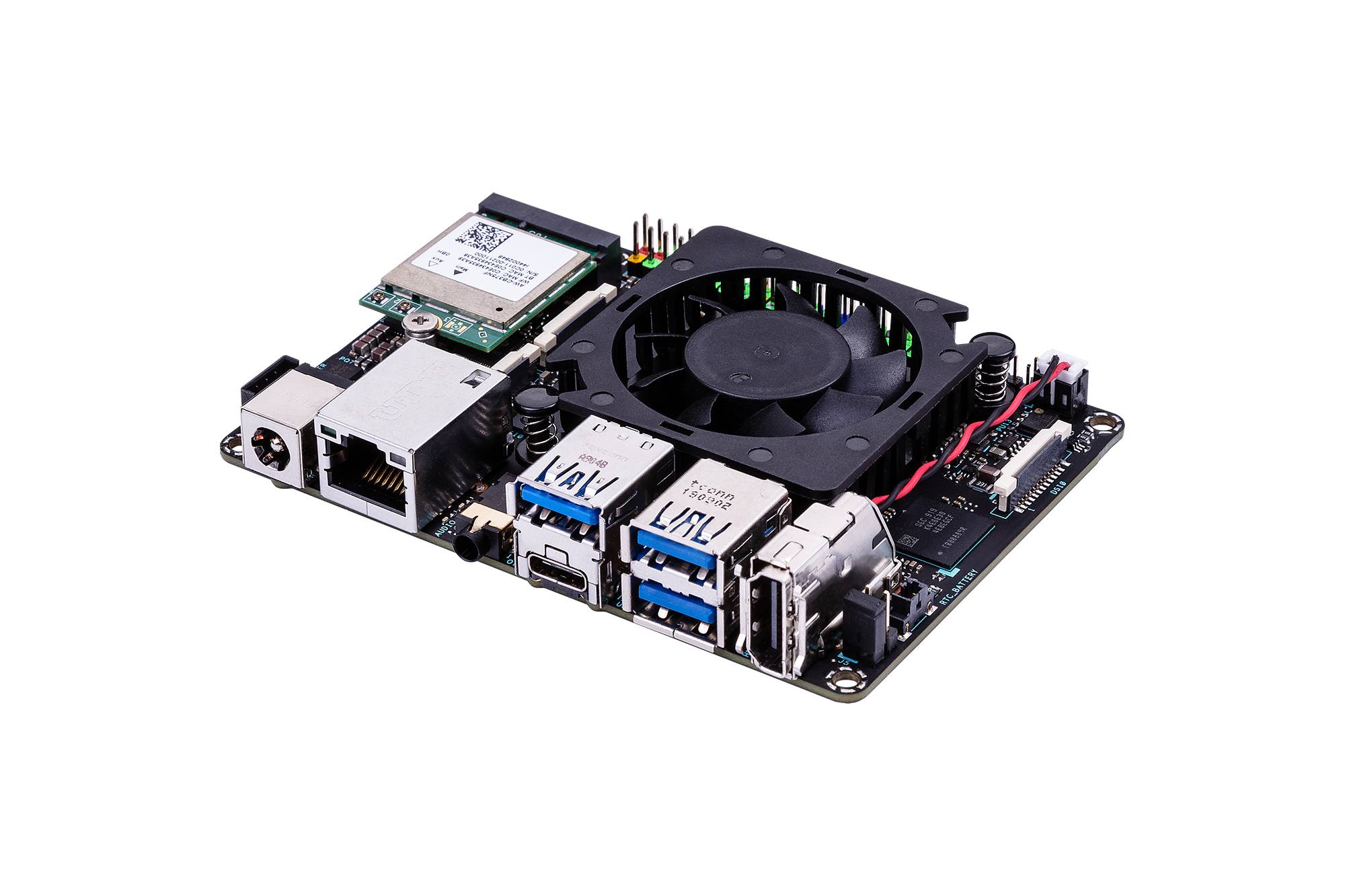 Een minicomputer-printplaat met ventilator, meerdere USB-poorten, Ethernet-aansluiting en sleuf voor geheugenkaart. Voornamelijk gebruikt voor technische projecten.