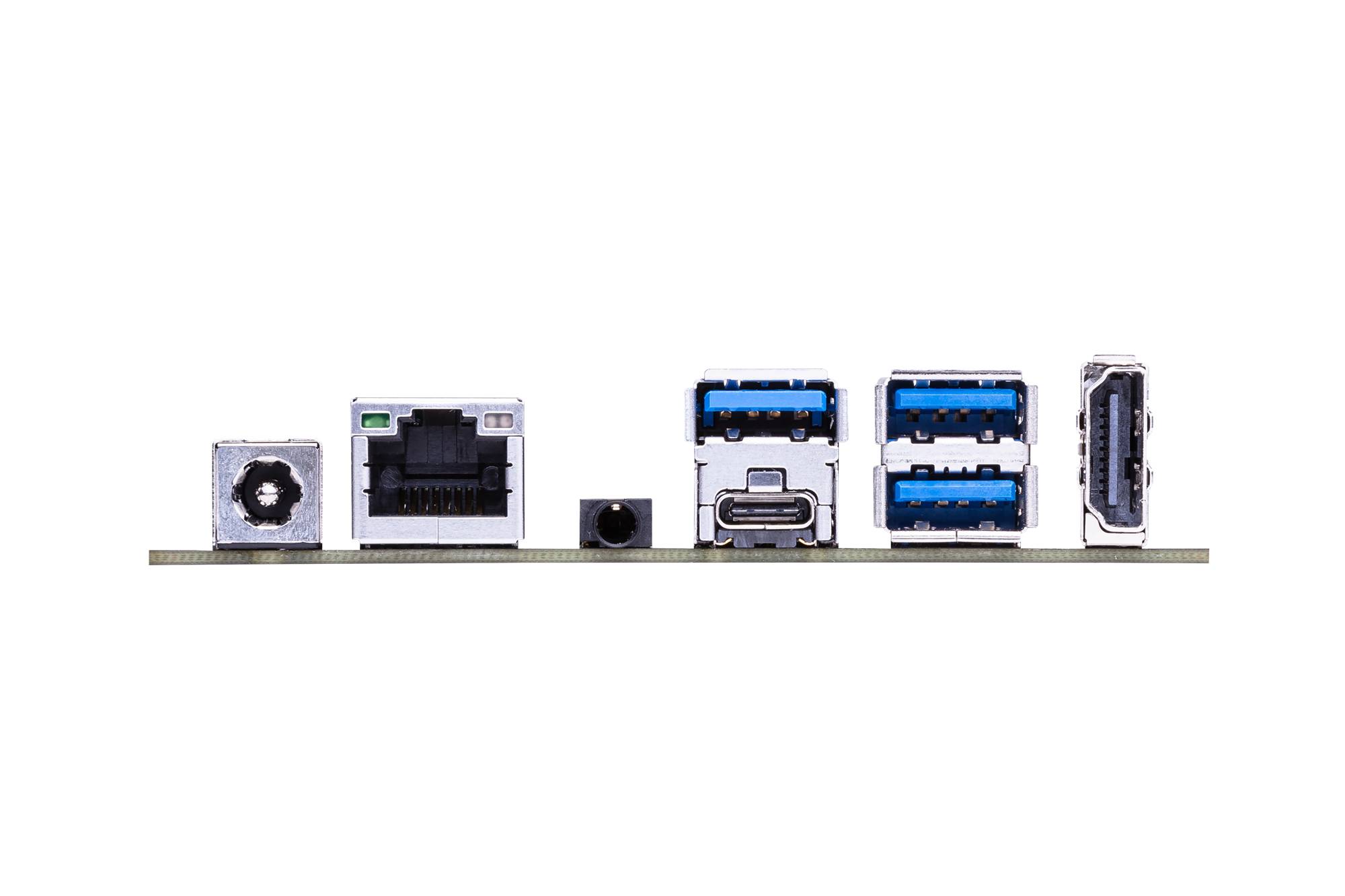 Aansluitingen van een computermoederbord: USB-poorten, Ethernet-poort, HDMI-poort en audioaansluiting.