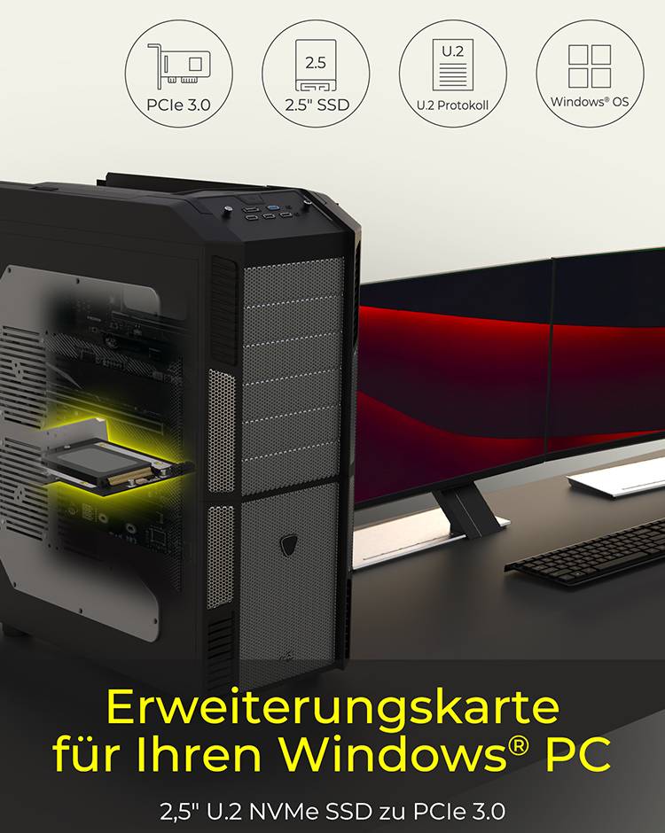 Een zwarte pc-behuizing met een geaccentueerde 2,5-inch SSD-uitbreidingskaart. Tekst: 'Uitbreidingskaart voor uw Windows-pc'.