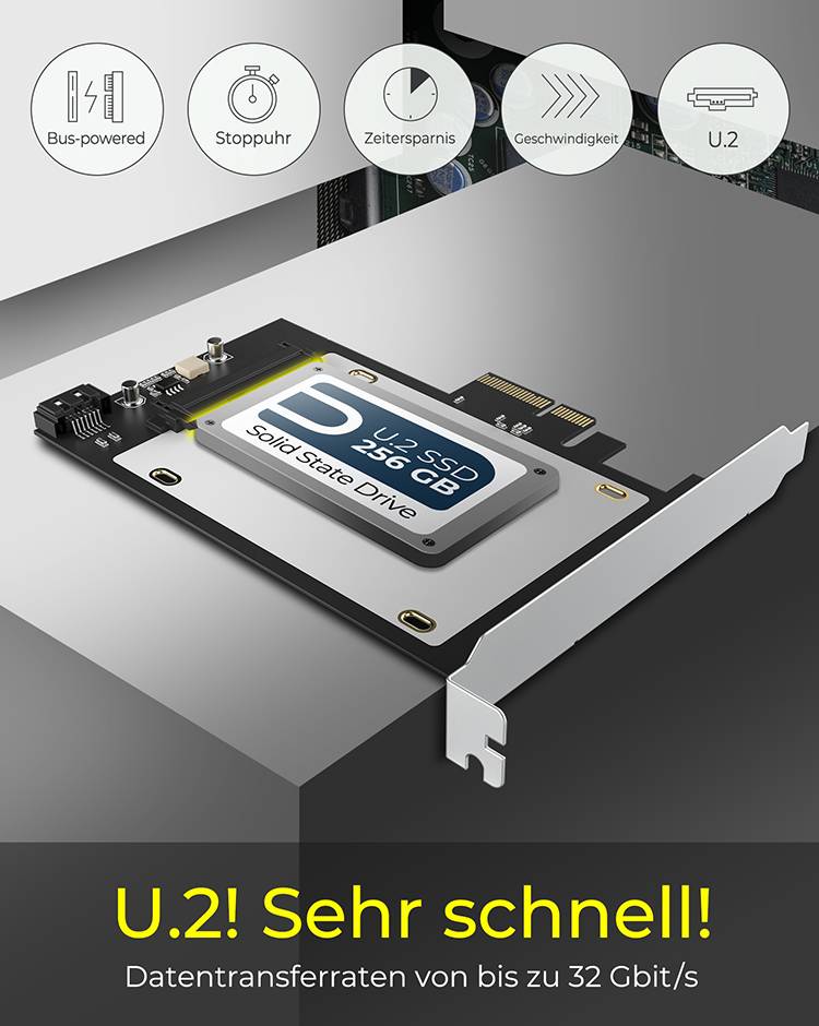 U.2 SSD 256 GB kaart met hoge gegevensoverdrachtssnelheid tot 32 Gbit/s. Kenmerken: Bus-gevoed, Snelle start, Tijdsbesparing, Snelheid, U.2.