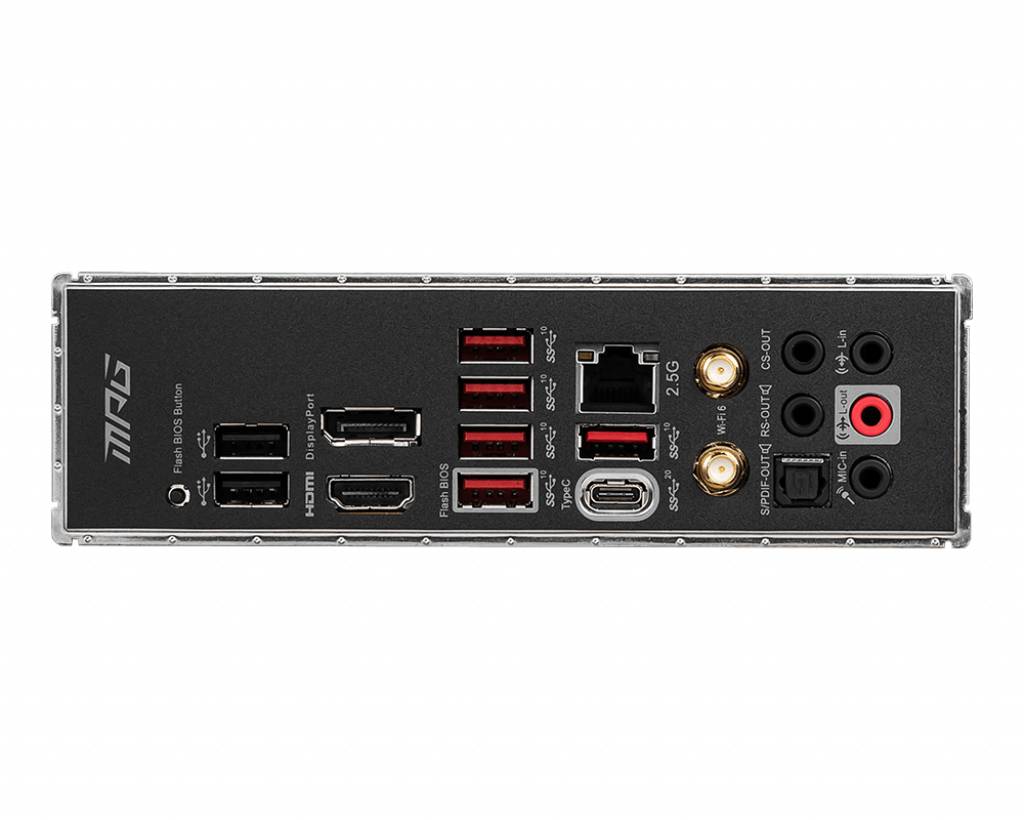 Achterkant van een pc-moederbord met meerdere USB-poorten, HDMI-uitgang, Ethernet-aansluiting, audio-aansluitingen en WLAN-antenne-aansluitingen.