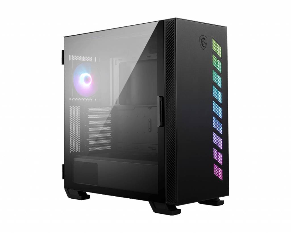 Zwart pc-behuizing met glazen zijpaneel, verlichte ventilatoren en RGB-ledstrips aan de voorkant. Elegant design.