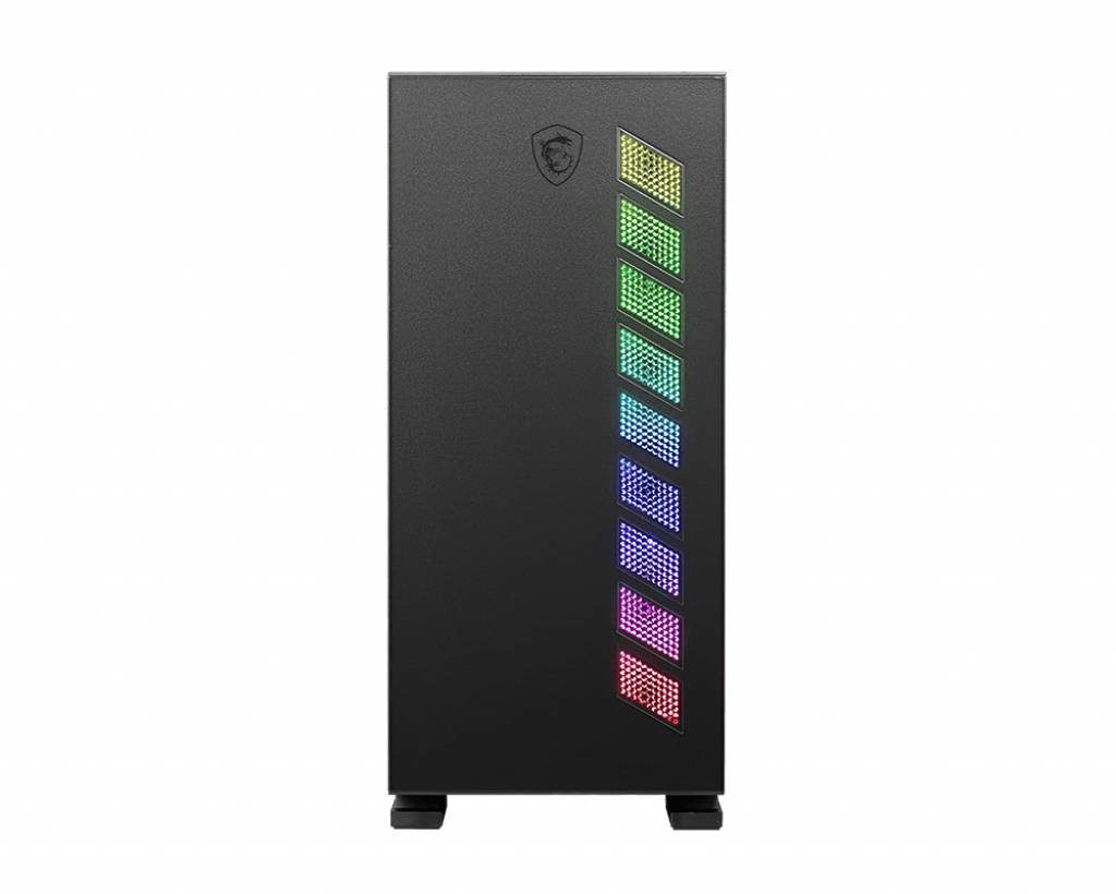 Een zwarte pc-behuizing met verticale RGB-verlichting aan de voorkant, die in verschillende kleuren oplicht.