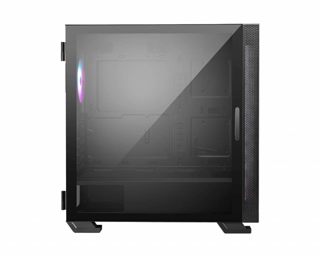 Zwart computerbehuizing met transparant zijpaneel. RGB-verlichting schijnt binnenin en toont ruimte voor hardwarecomponenten.