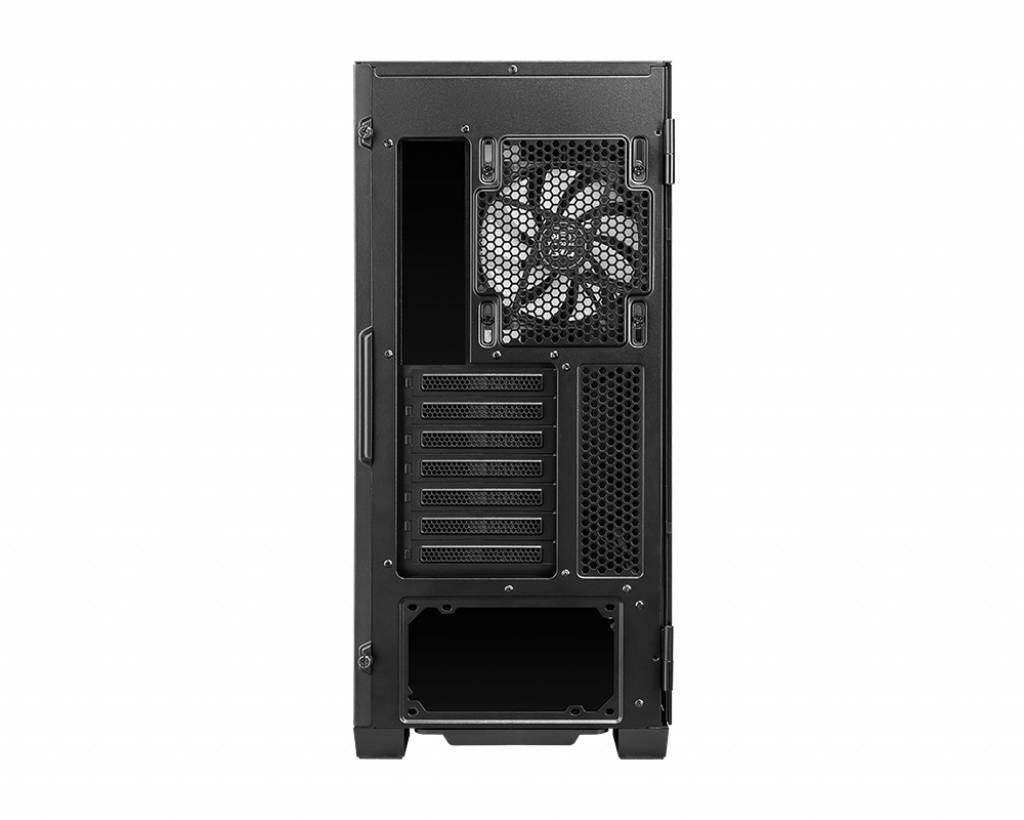 Achterkant van een computerbehuizing met ventilatierooster, meerdere uitbreidingskaartssleuven en een grote ventilator bovenaan.