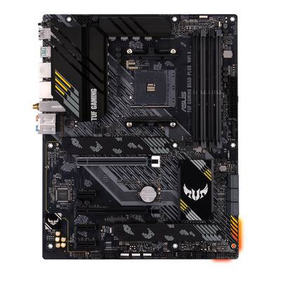 Een zwart Asus TUF Gaming moederbord (Model B550-Plus) met verschillende poorten en sleuven, geschikt voor AMD-processors.