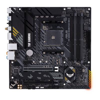 Een ASUS TUF GAMING B550M-PLUS moederbord met PCIe-sleuven, RAM-slots en CPU-socket, ontworpen in het zwart met gele en grijze accenten.