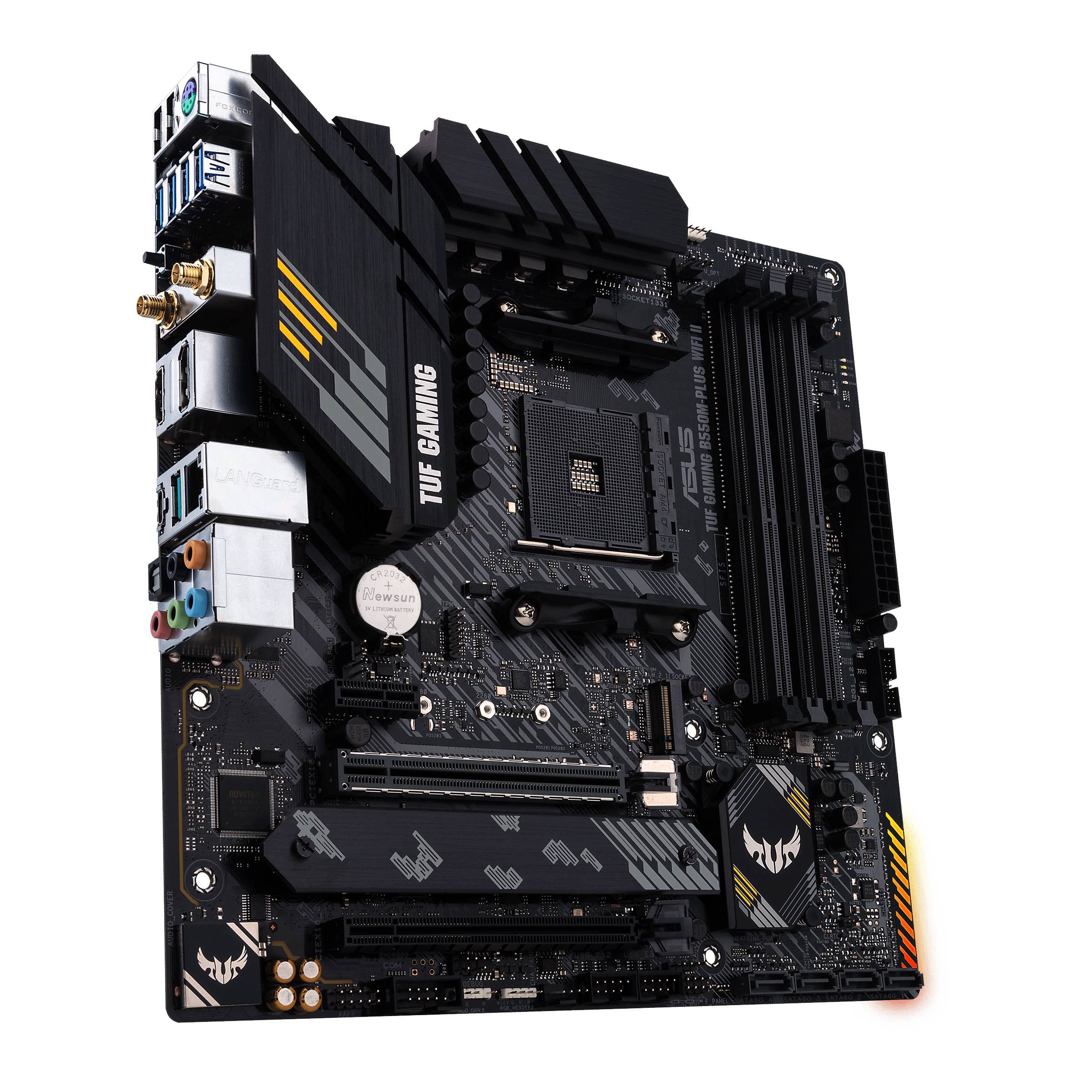Computermoederbord van ASUS, model 'TUF Gaming'. Bevat verschillende aansluitingen en sleuven voor processor, RAM en videokaarten.