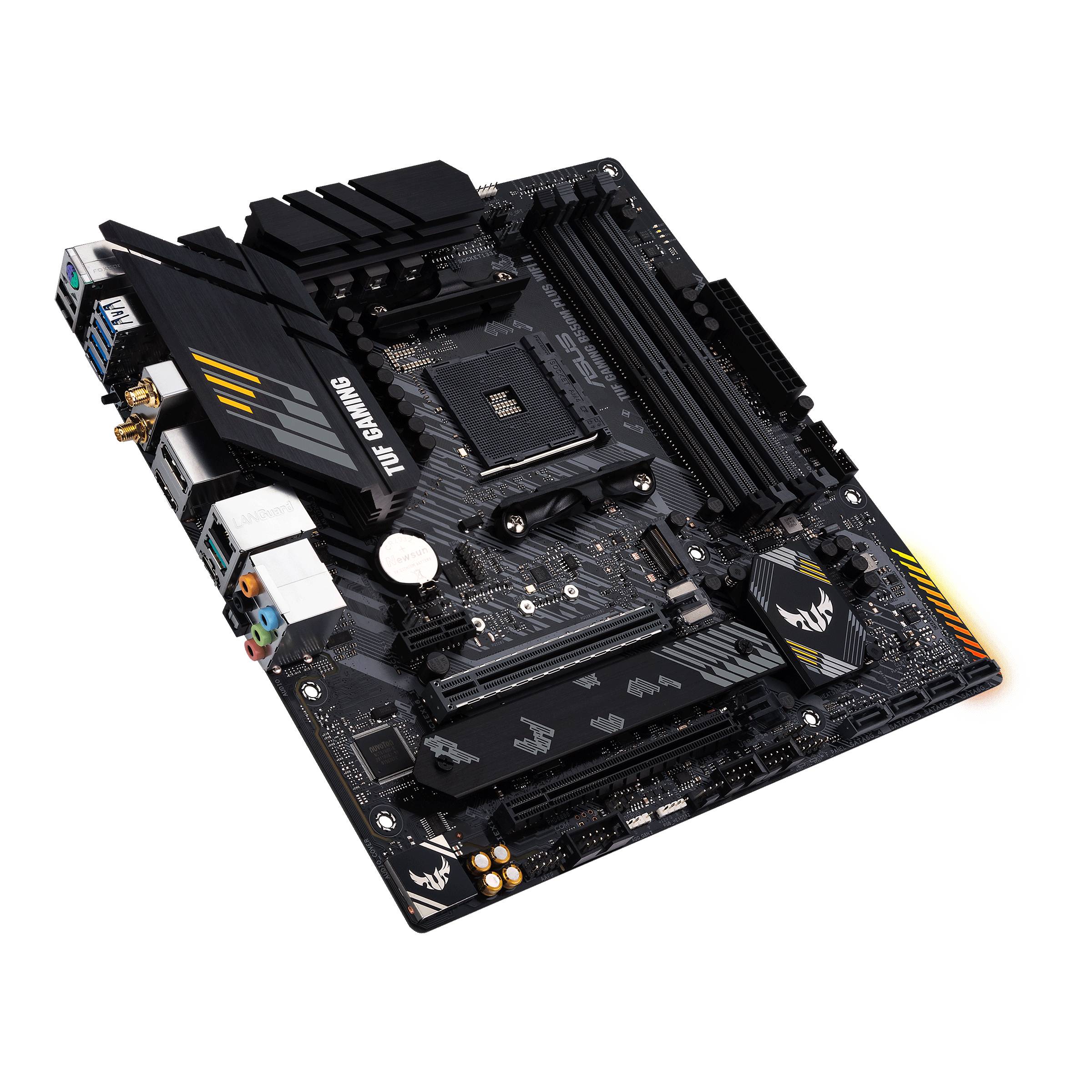 Een TUF Gaming-moederbord met meerdere aansluitingen en uitbreidingssleuven, geschikt voor krachtige computerconfiguratieselecties.
