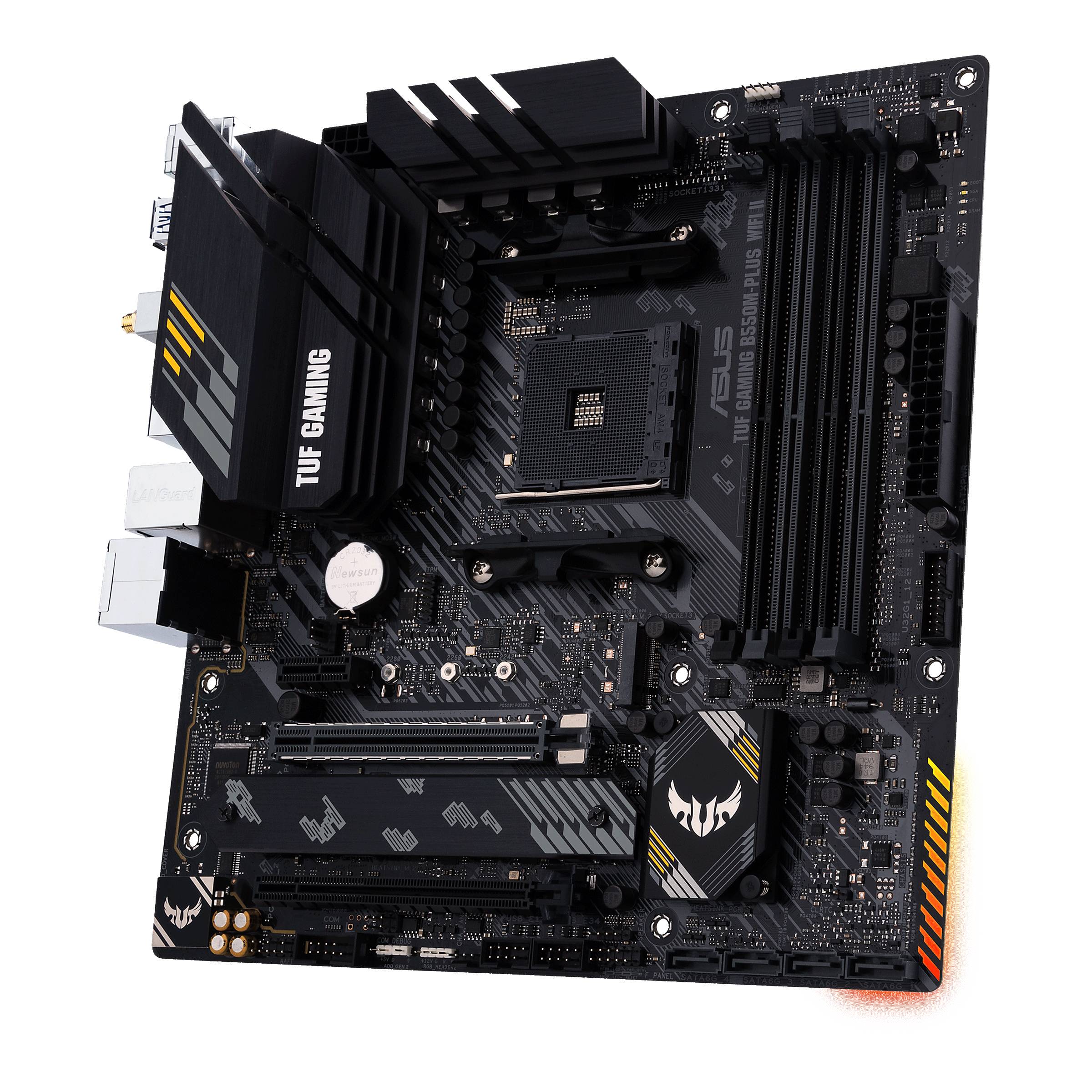 Een TUF Gaming-moederbord van ASUS in het zwart met een gedetailleerde koelstructuur en meerdere RAM-sleuven, geschikt voor gaming-pc's.
