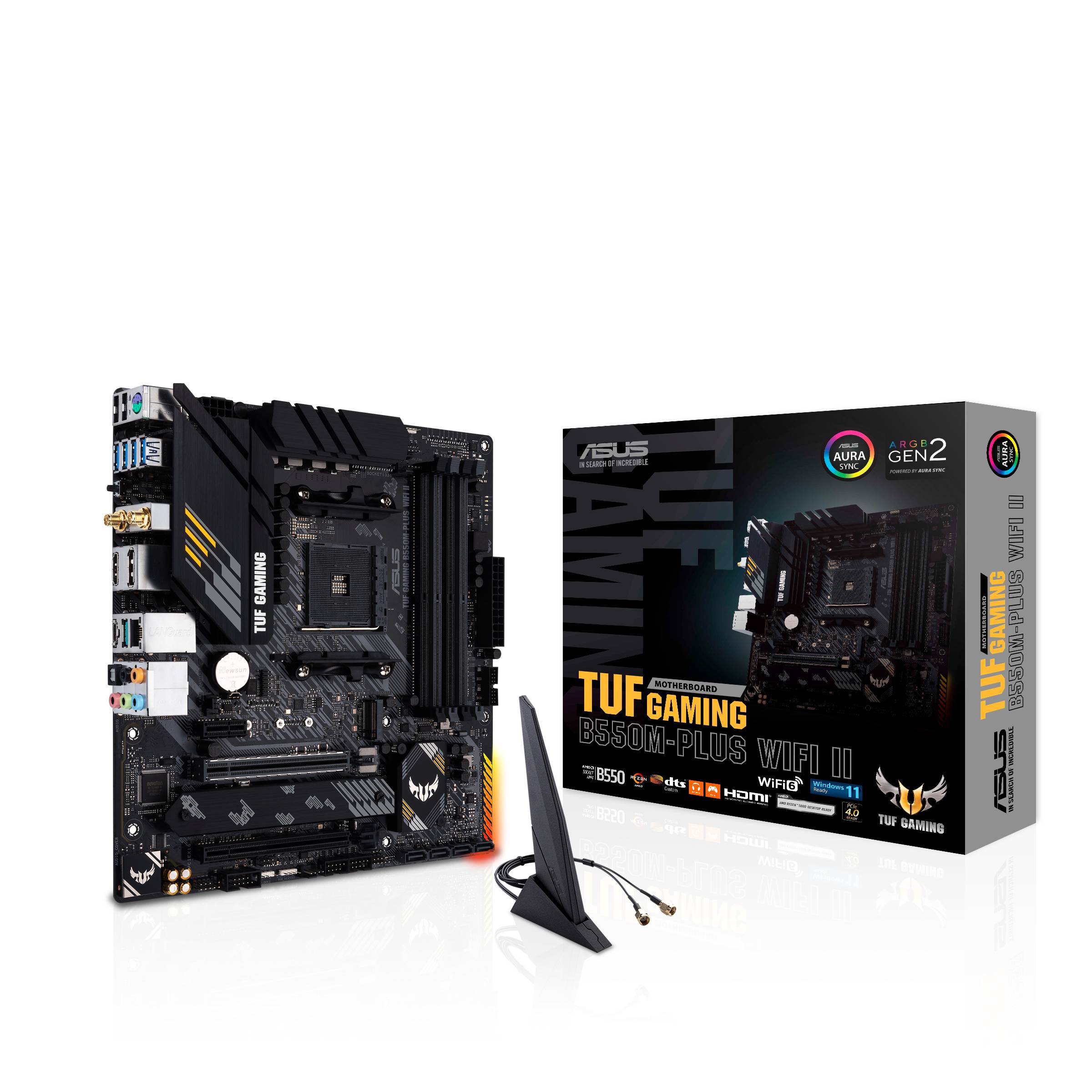 Moederbord ASUS TUF Gaming B550M-Plus WiFi II met verpakking. Compatibel met AMD-processors, ondersteunt WiFi 6 en PCIe 4.0.