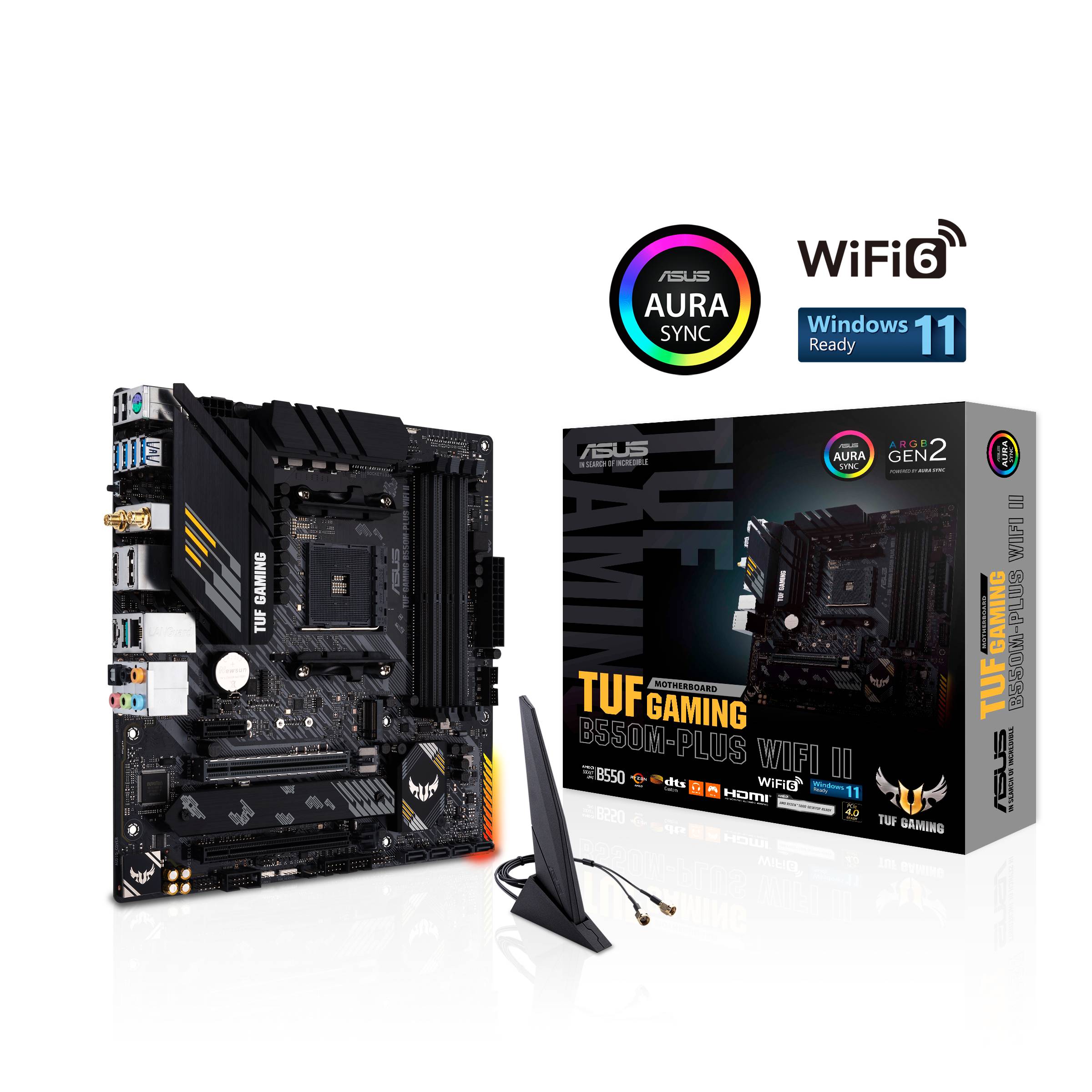 'ASUS TUF Gaming B550M-Plus Wi-Fi II' moederbord met verpakking. Ondersteunt Wi-Fi 6, Windows 11, Aura Sync. Bevat antenne.