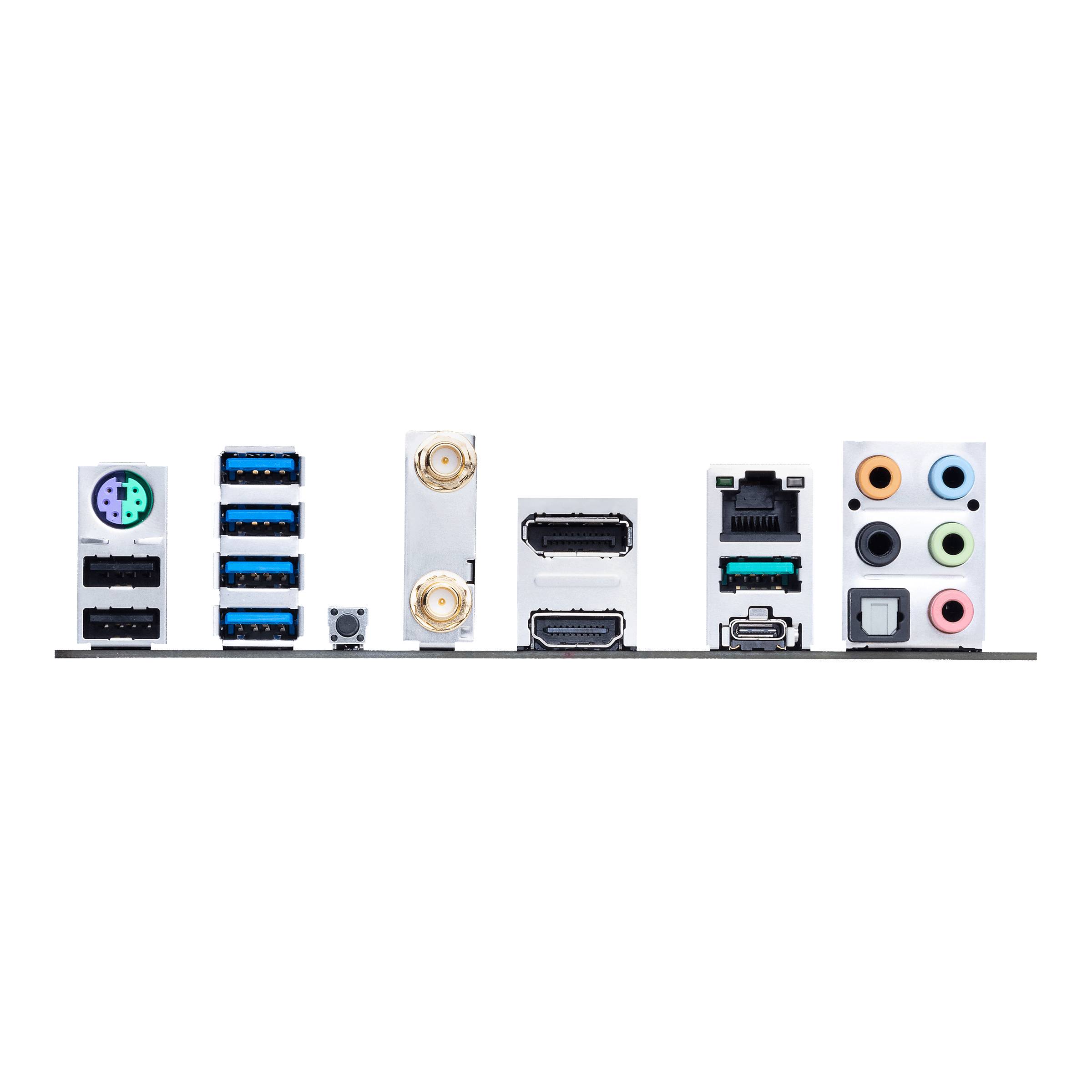 De achterkant van een computermoederbord met verschillende aansluitingen: USB, Ethernet, HDMI, audio-aansluitingen en PS/2-poorten.