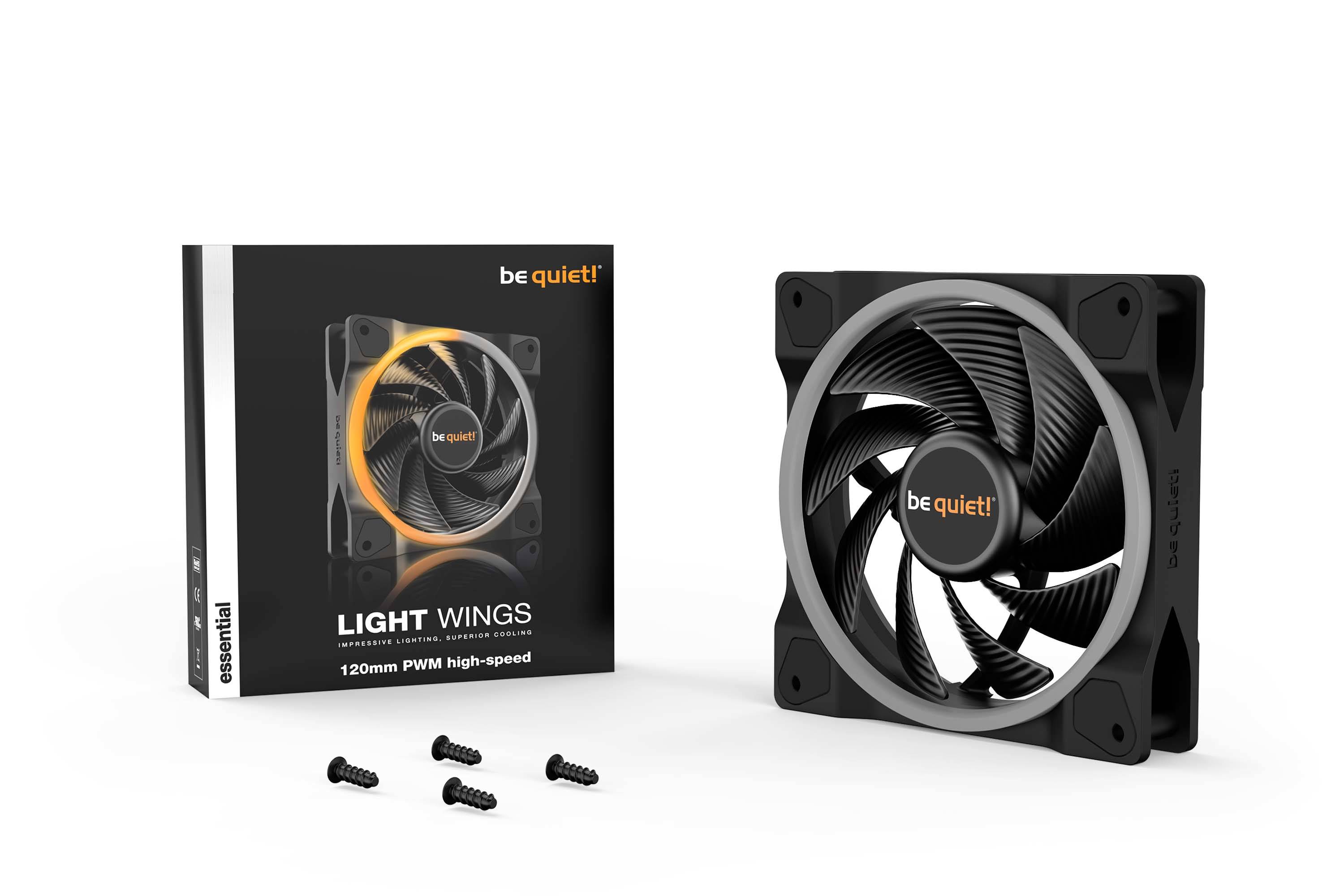 'Wees stil! LIGHT WINGS 120mm PWM high-speed'-ventilator in het zwart, afgebeeld met verpakking en vier schroeven.