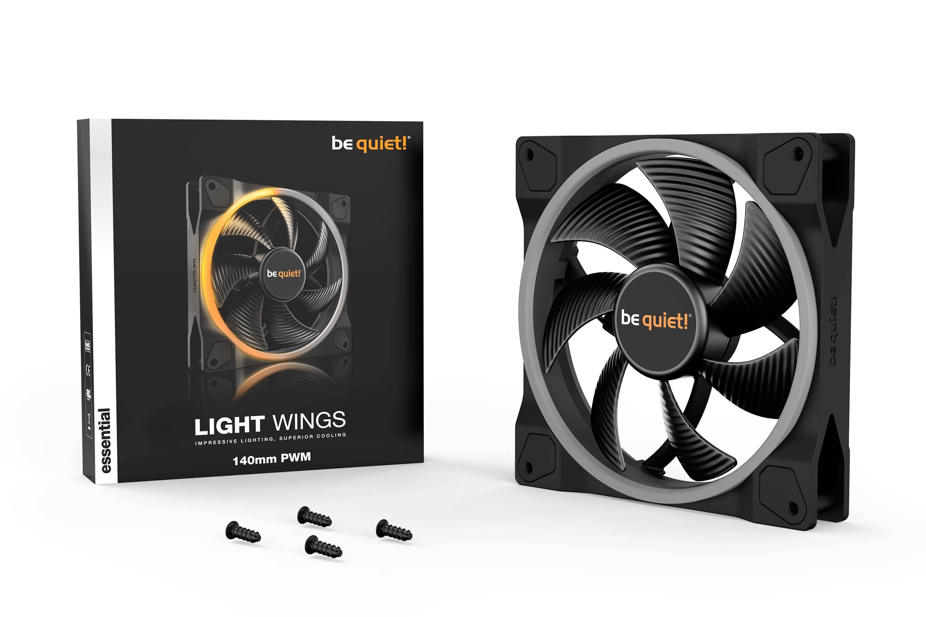 Een be quiet! Light Wings 140mm PWM-ventilator met verpakking en schroeven. De ventilator heeft een zwart design met witte accenten.