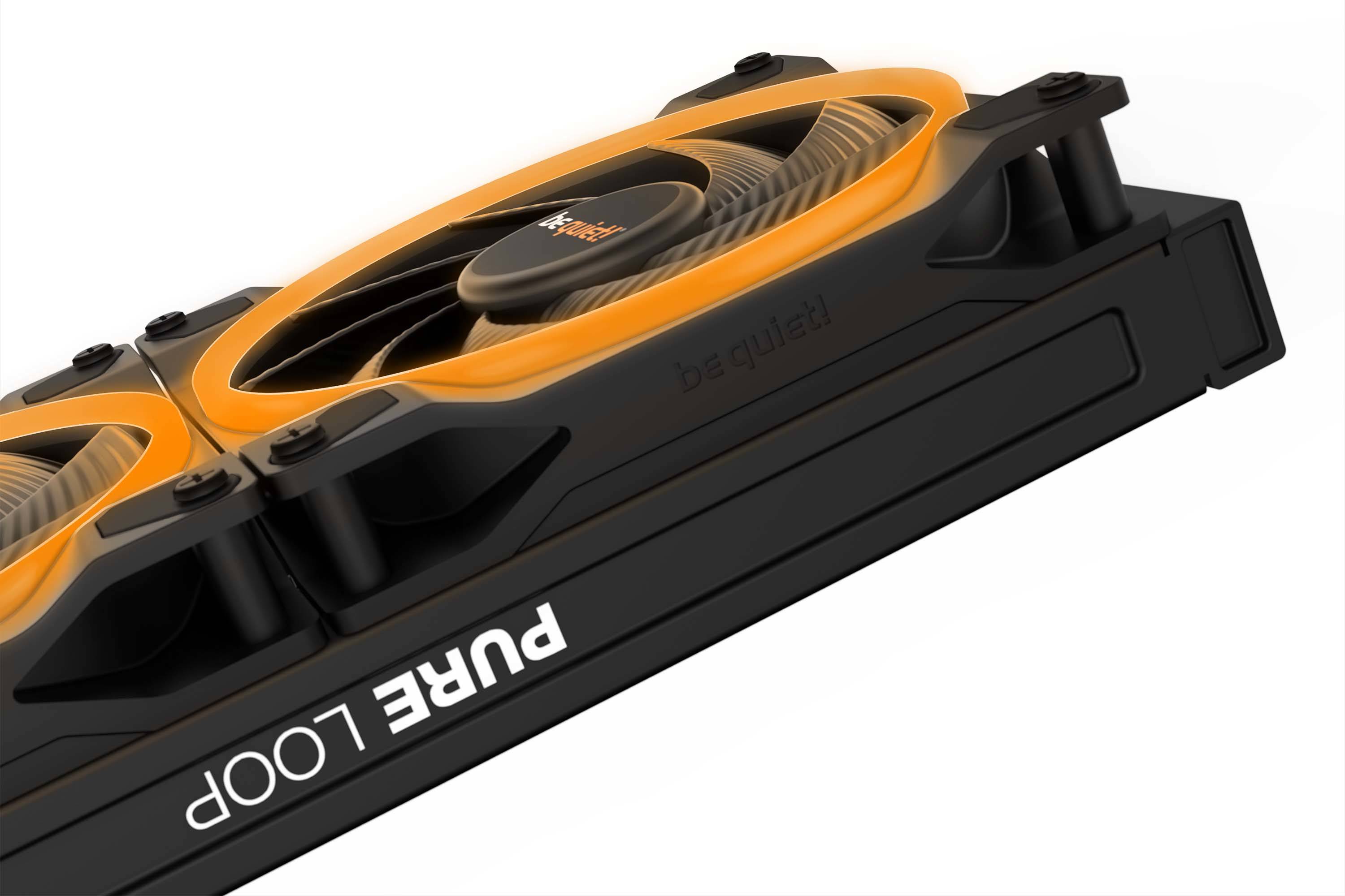 Videokaart met twee oranje ventilatoren en het opschrift 'PURE LOOP', passende koeloplossing voor krachtige computers.