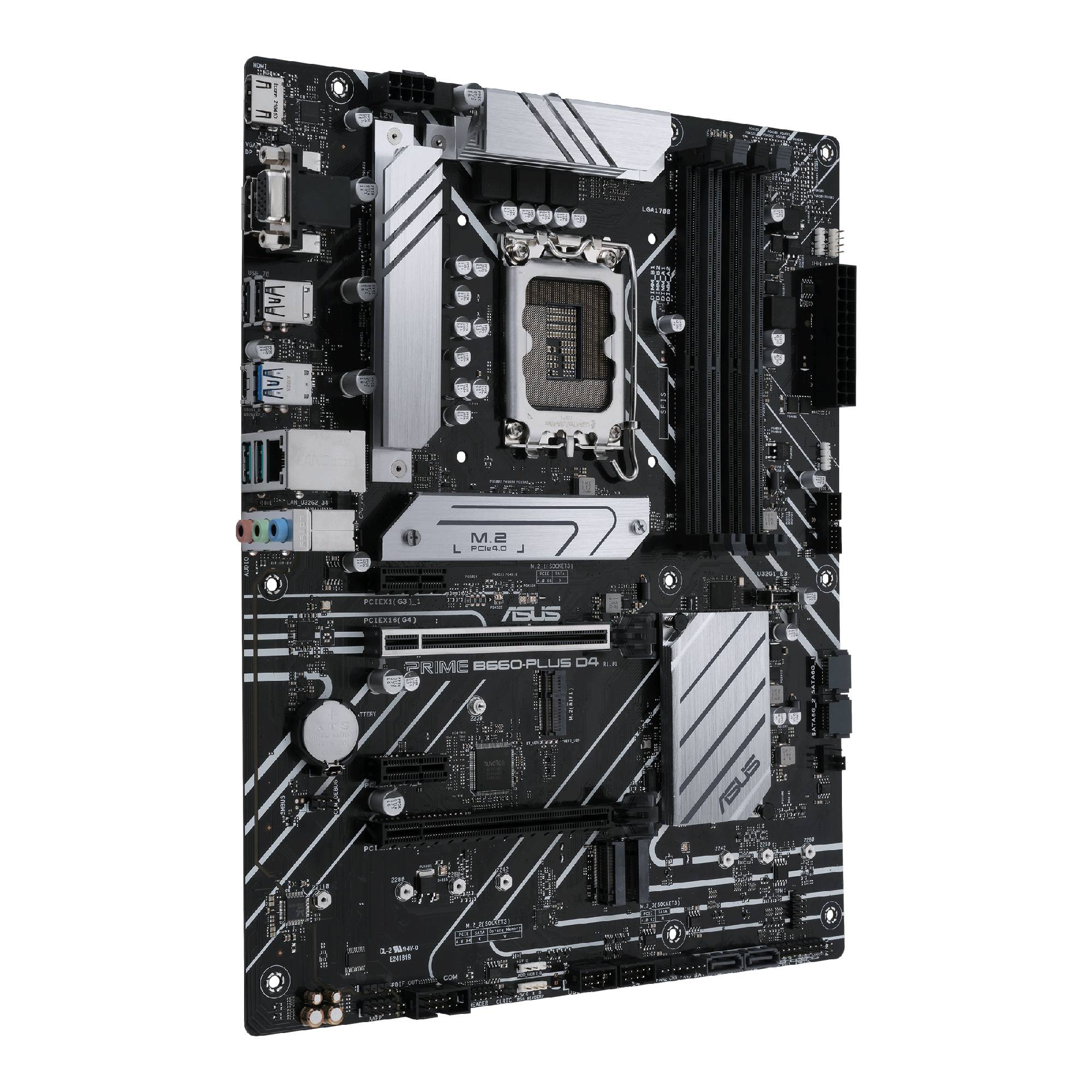 Een zwart computermoederbord met witte strepen, meerdere uitbreidingssleuven en aansluitingen, geschikt voor processors en RAM.