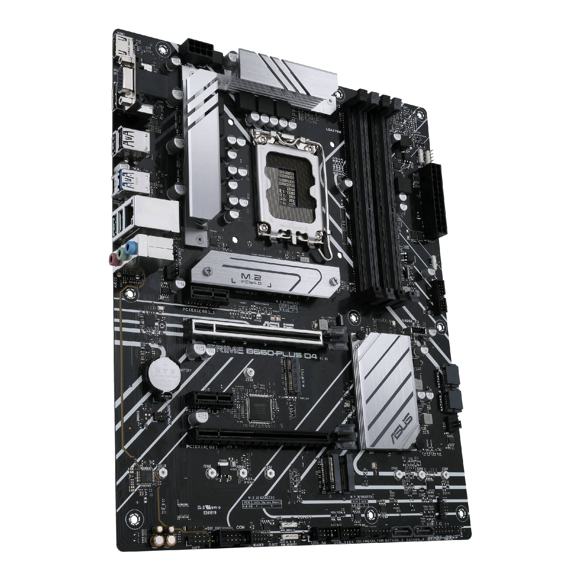 Een moederbord met PCIe-sleuven, RAM-slots en een CPU-socket. Op het bord bevinden zich diverse aansluitingen en de merknaam.
