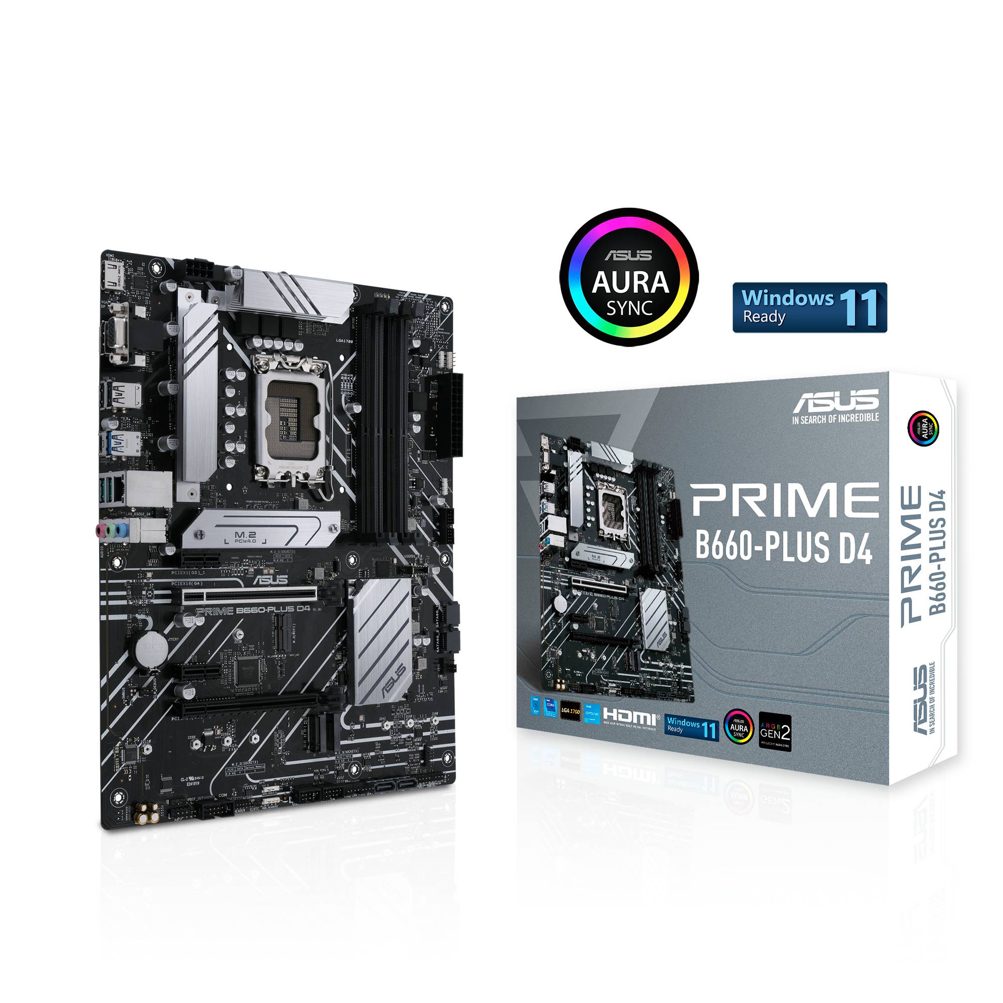 ASUS Moederbord model PRIME B660-PLUS D4 met verpakking, toont aansluitingen en ontwerp. Ondersteunt Windows 11 en AURA SYNC.