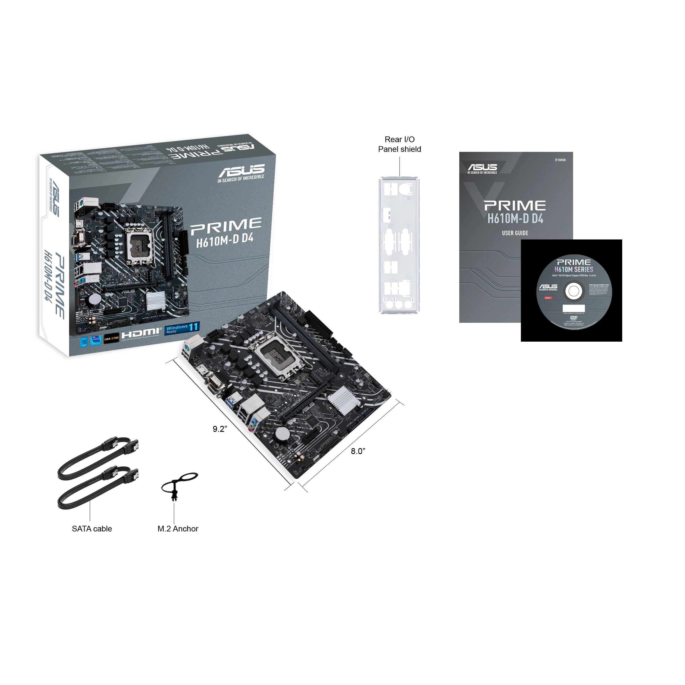 Moederbord, accessoireonderdelen en verpakking van ASUS Prime H610M-D D4 weergegeven. Bevat SATA-kabels, M.2-anker en stuur-cd.