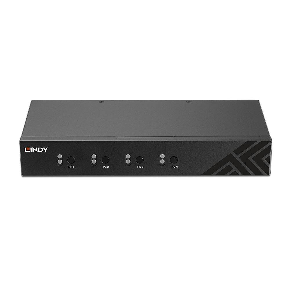 Zwarte KVM-switch van Lindy met vier knoppen, gemarkeerd als 'PC1', 'PC2', 'PC3', 'PC4'.