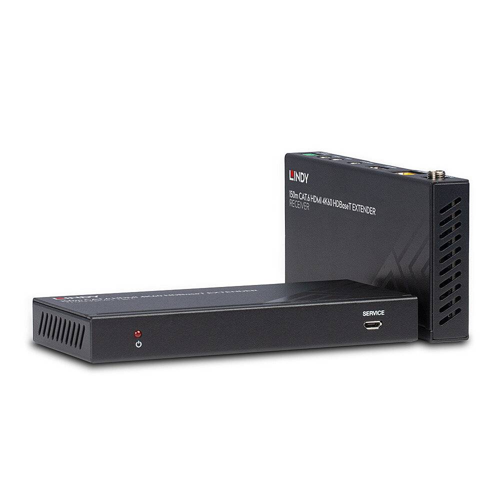 Twee zwarte digitale apparaten met het opschrift 'Lindy', blijkbaar HDMI-signaal extenders, naast elkaar geplaatst.