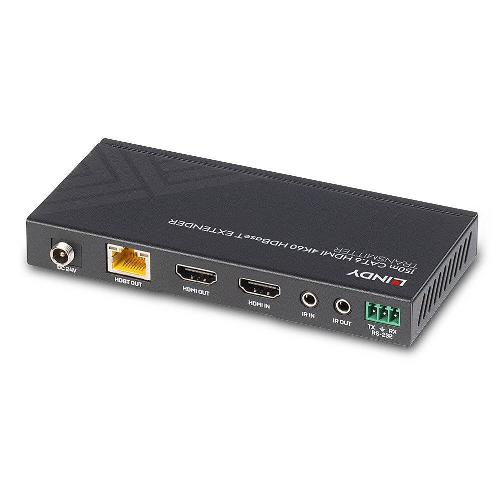 Een zwarte HDMI-extender met aansluitingen: gelijkstroomingang, Ethernet, twee HDMI-poorten, IR In/Out en RS232-aansluiting.
