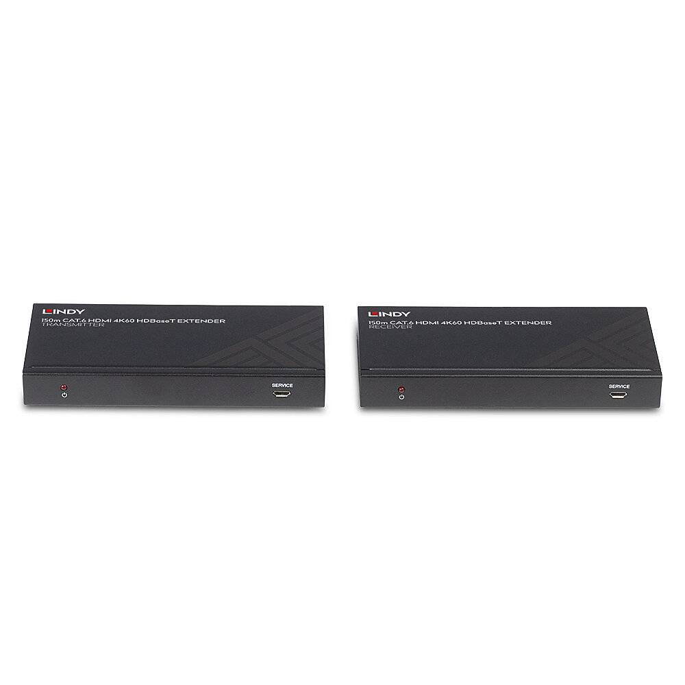 Twee zwarte HDMI-extenders van Lindy; een gemarkeerd met 'Zender', de andere met 'Ontvanger'.