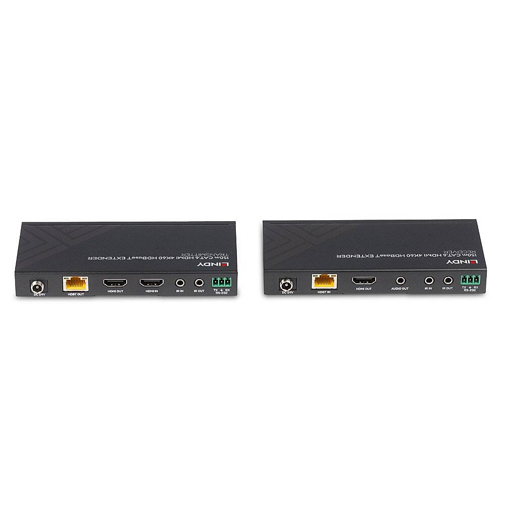 Twee zwarte HDMI-extender-apparaten naast elkaar, met aansluitingen voor HDMI, USB, voeding en Ethernet aan de voorkant.