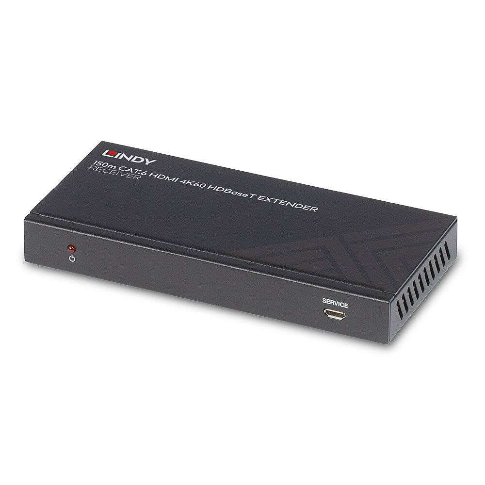 Een zwarte HDMI-verlenging van het merk 'Lindy', voor de overdracht van 4K-videosignalen via CAT6-kabels tot 150 m.