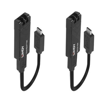 Twee zwarte USB-C naar DisplayPort adapters met Lindy-branding, geschikt voor het aansluiten van apparaten zoals laptops op monitoren.