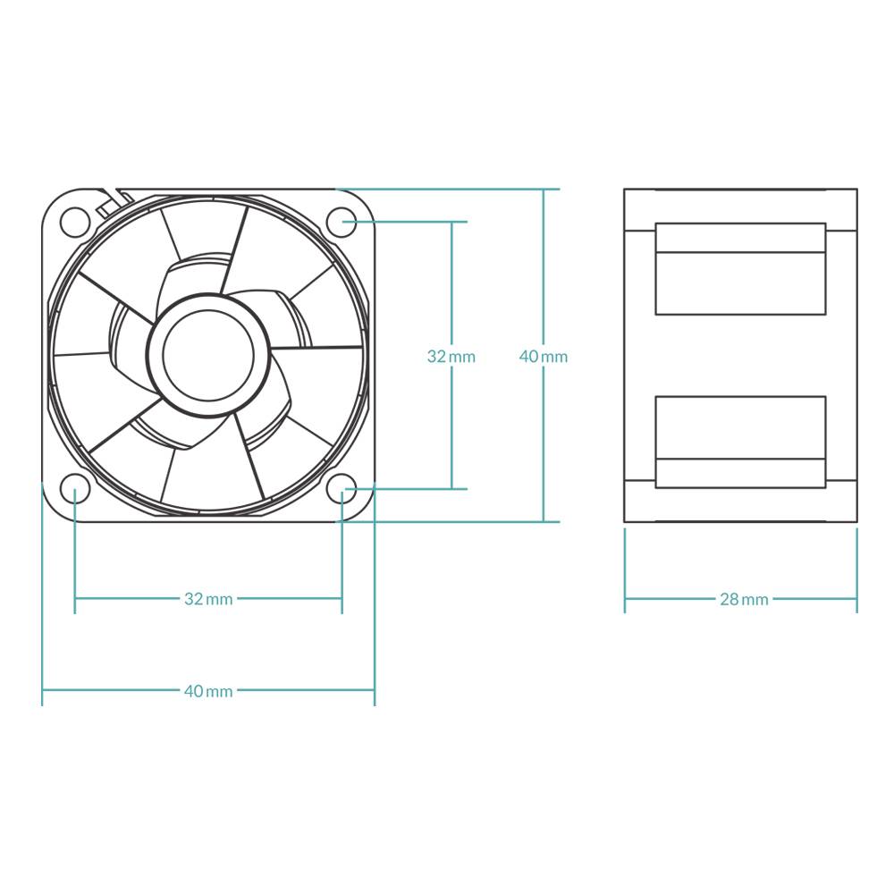 Technische tekening van een ventilator met afmetingen: 40 mm x 40 mm x 28 mm. Front- en zijaanzicht zijn weergegeven.