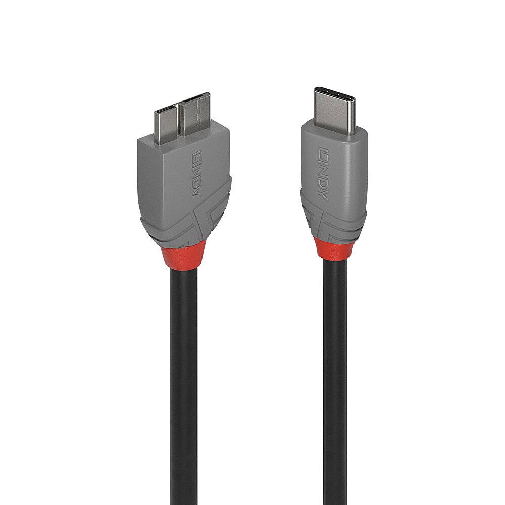 Twee zwarte kabels met grijze connectoren; links een HDMI-connector, rechts een USB-C-connector. Beiden hebben rode accenten.
