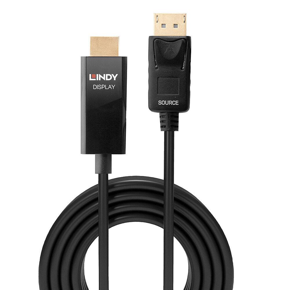 Een zwarte kabel met een DisplayPort-aansluiting aan de bovenkant en met de opschriften 'LINDY DISPLAY' en 'SOURCE' op de stekkers.