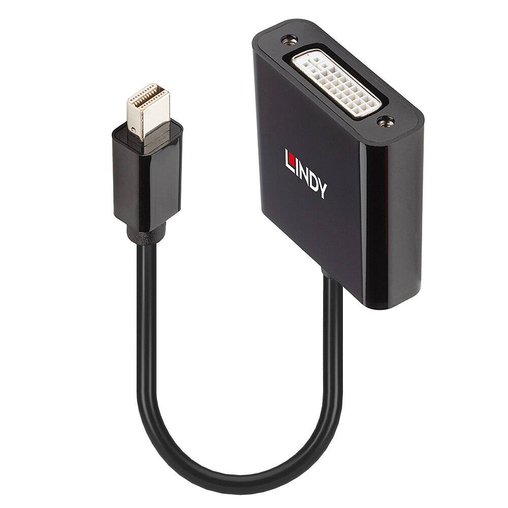 Een zwarte adapter met een Mini-DisplayPort-stekker en een DVI-aansluiting, gemerkt met 'Lindy'.
