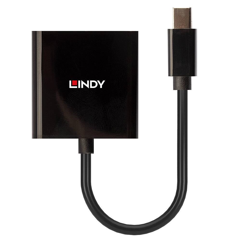 Een zwarte adapter met een USB-aansluiting en een HDMI-poort. Op de adapter is het logo 'LINDY' zichtbaar.
