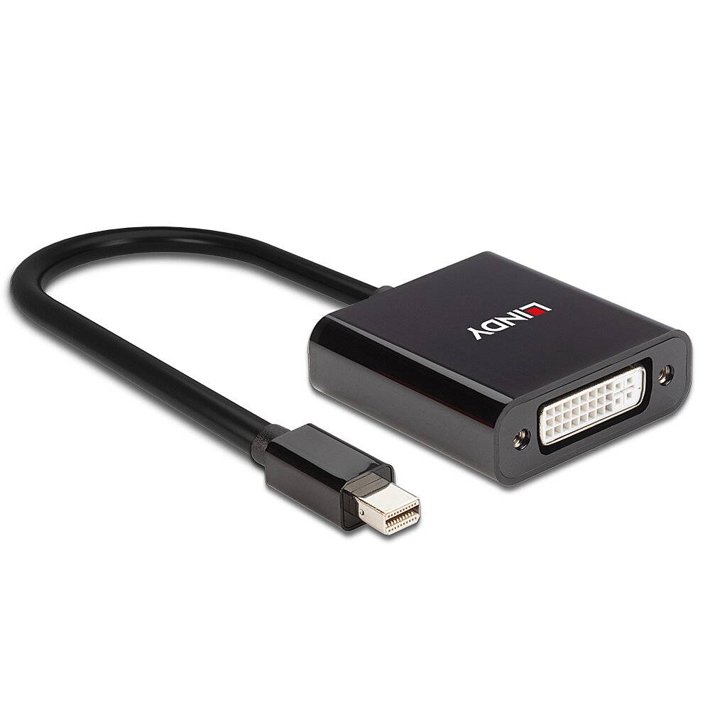 Een zwarte adapter van Mini DisplayPort naar DVI, gemarkeerd met 'LINDY', voor het aansluiten van computers op monitoren.